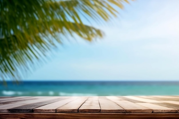 A wooden table with a palm tree and the sea in the background