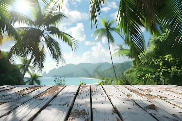 A wooden table with palm trees in the background