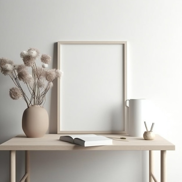 A wooden table with a picture of a plant and a book on it.