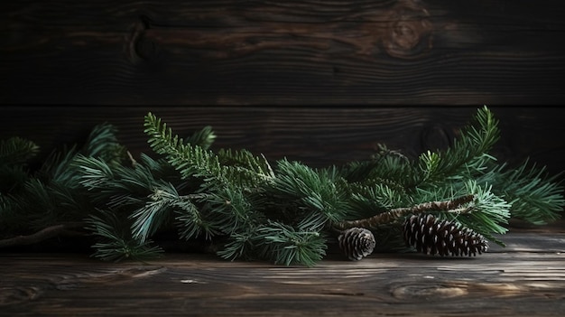 A wooden table with pine cones and a pine cone.