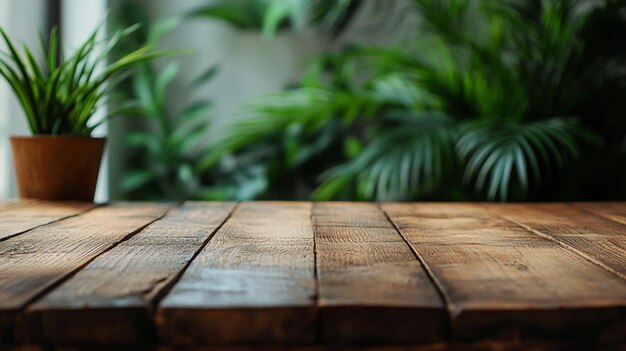 Photo a wooden table with a plant in the background