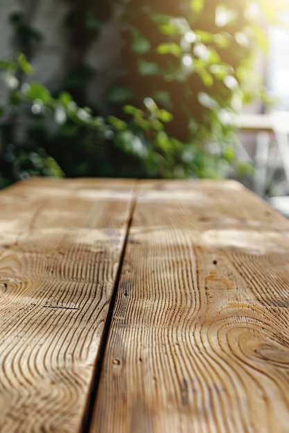 Wooden Table with Plant Background