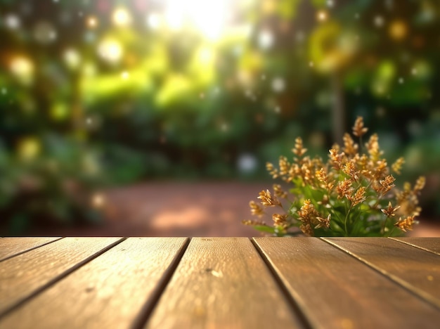 A wooden table with a plant in the background