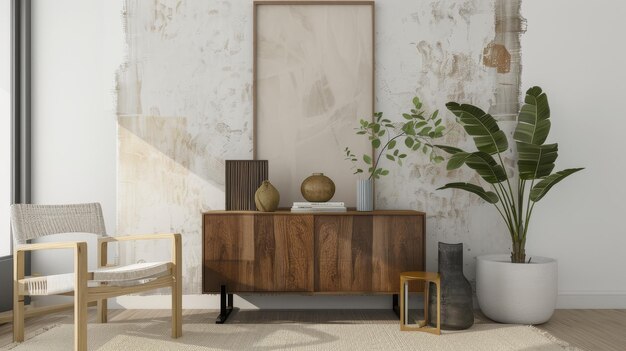 a wooden table with a plant on it and a chair in front of it