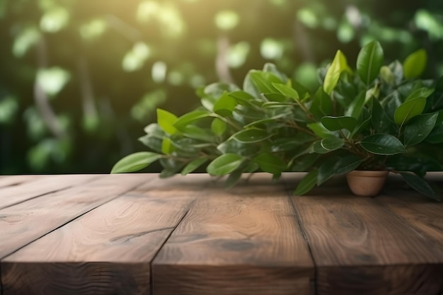 Wooden table with a plant on it and a green plant on the top.