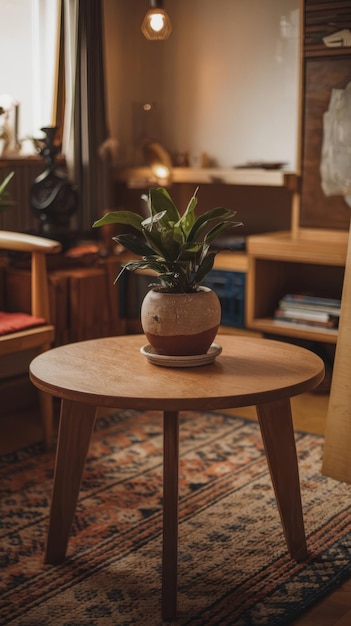 A wooden table with a plant on it and a pot on the top