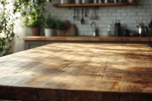 a wooden table with a plant on it and a potted plant on it