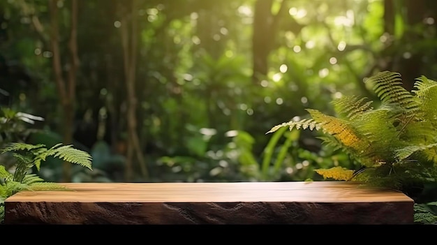 A wooden table with a plant on it that says'the word forest'on it