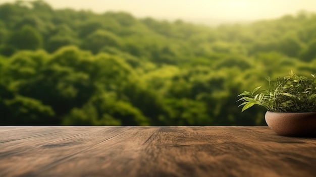 A wooden table with a plant on it