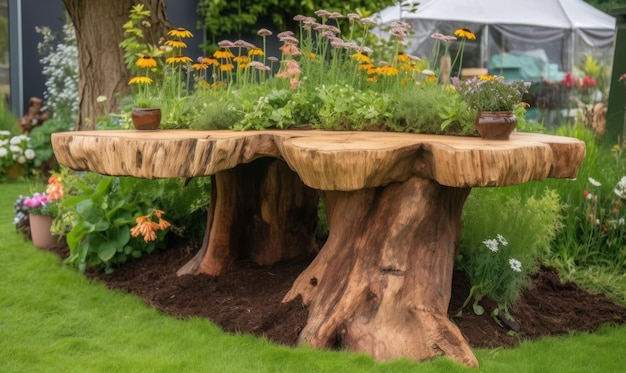 A wooden table with a planter in the background