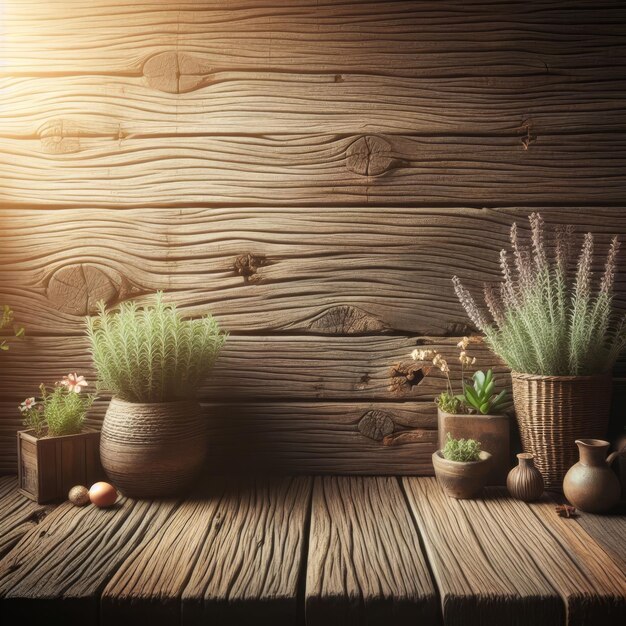 a wooden table with plants and flowers on it