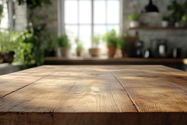 a wooden table with plants on it and a window in the background