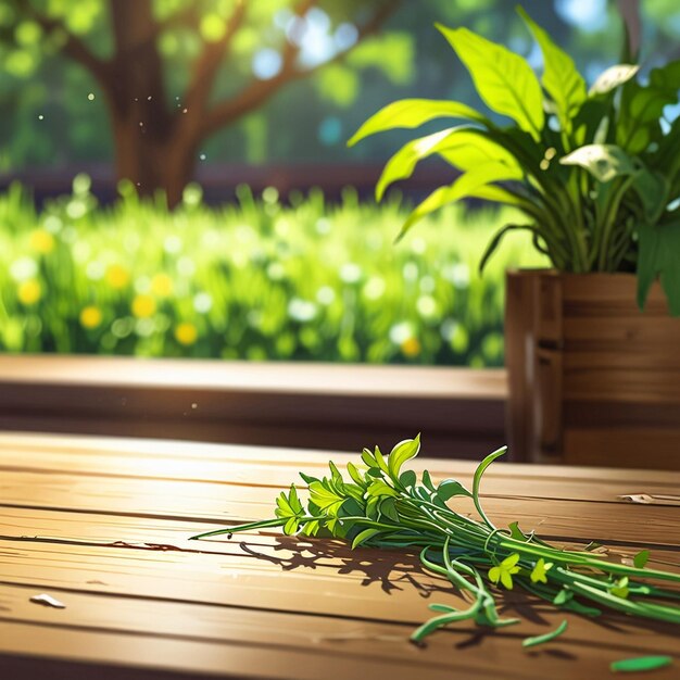 a wooden table with plants and a window with a tree in the background