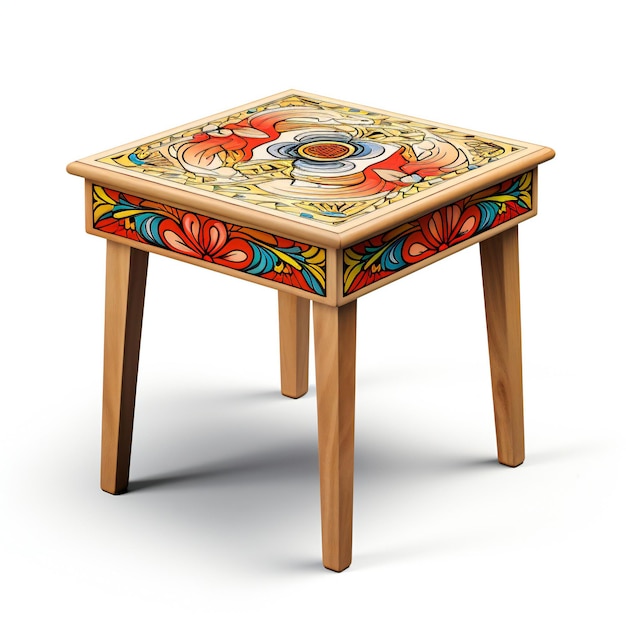 Wooden table with a plate of food on a white background