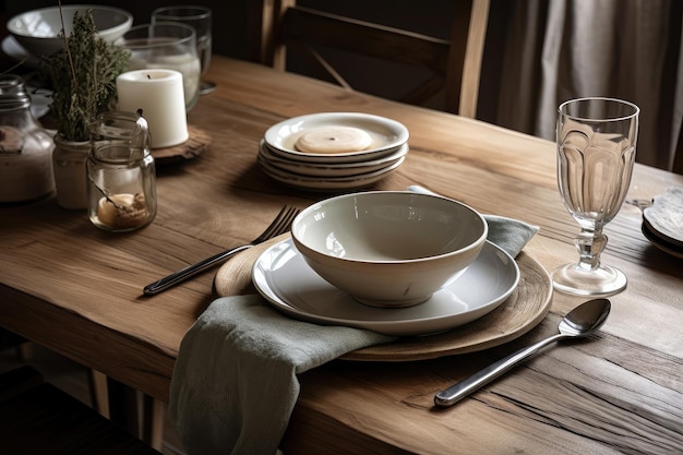 Wooden table with porcelain plates and cutlery napkins and glasses