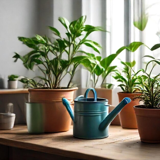 a wooden table with pots and plants on it and one of them has a blue handle