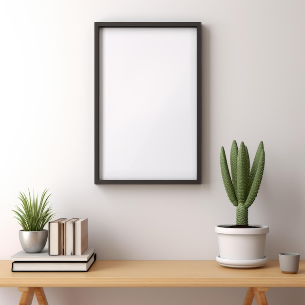 Wooden Table With Potted Plant by White Wall