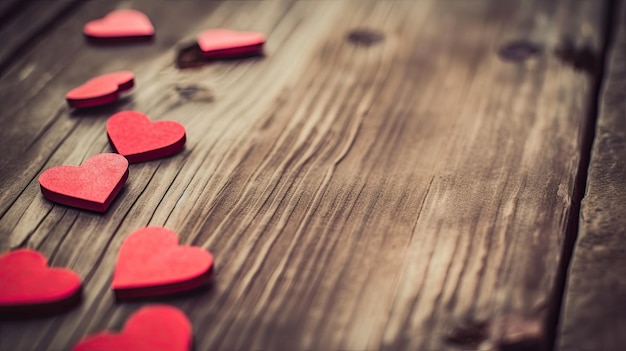 A wooden table with red hearts on it