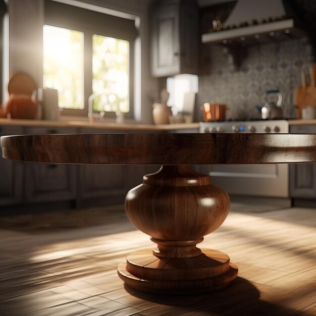 A wooden table with a round base in a kitchen.