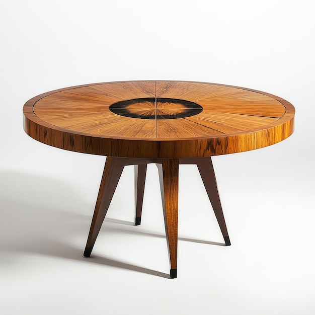 a wooden table with a round top that says  the word  on it