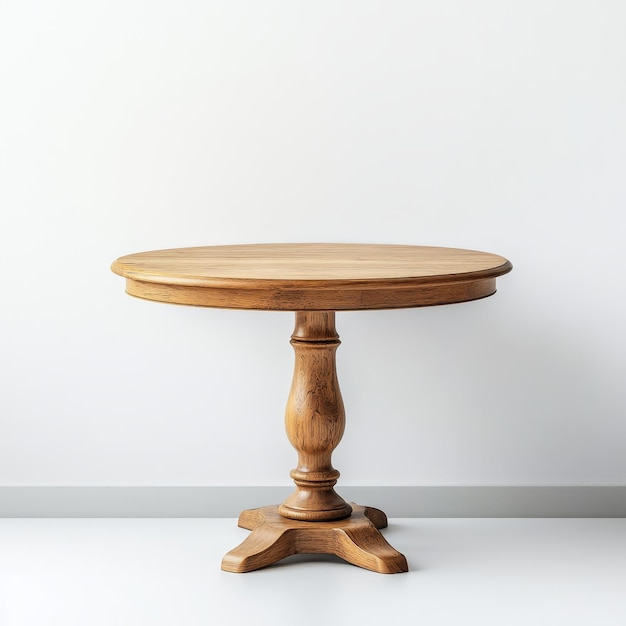 a wooden table with a round top and a wooden base