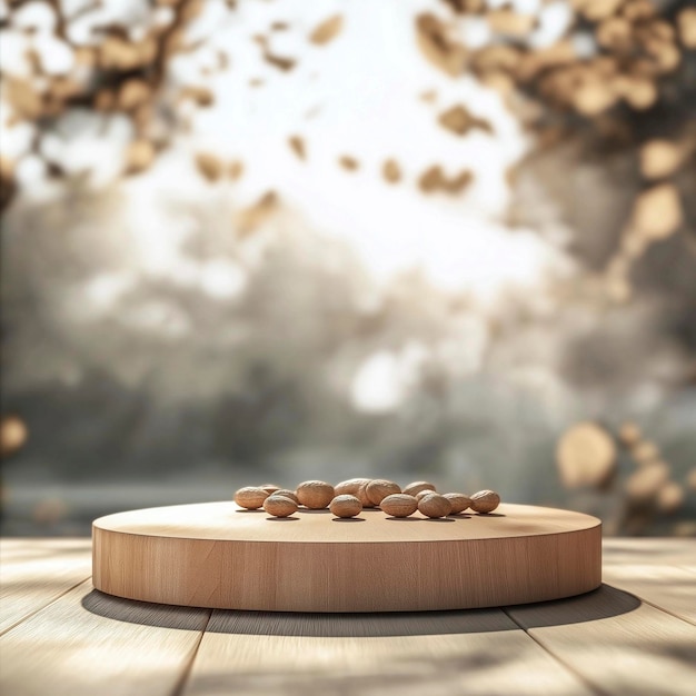 a wooden table with a round wooden disc with the words coffee beans on it