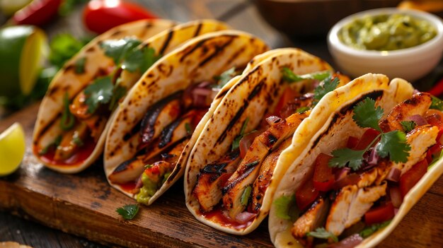 Photo a wooden table with several tacos and a cup of sauce