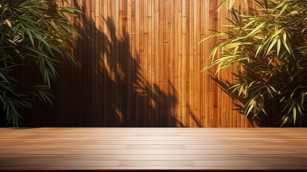 Wooden table with shadow of palm tree on wooden wall background