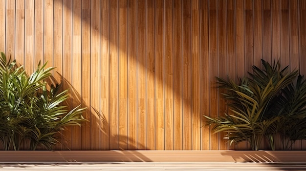 Wooden table with shadow of palm tree on wooden wall background