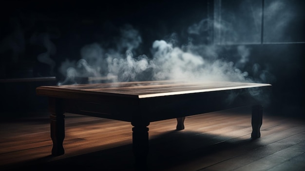 Wooden table with smoke in a dark roomgenerative ai