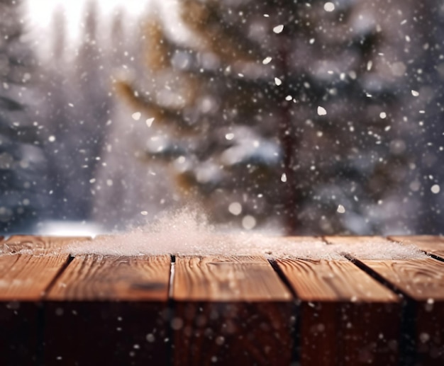 wooden table with snow fall Christmas trees winter background