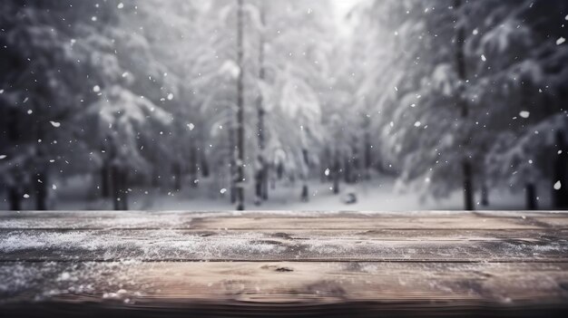 Wooden Table with Snow Texture Background for Christmas and Winter Holidays