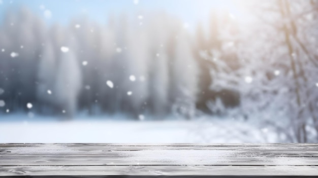 Wooden table with a snowy background