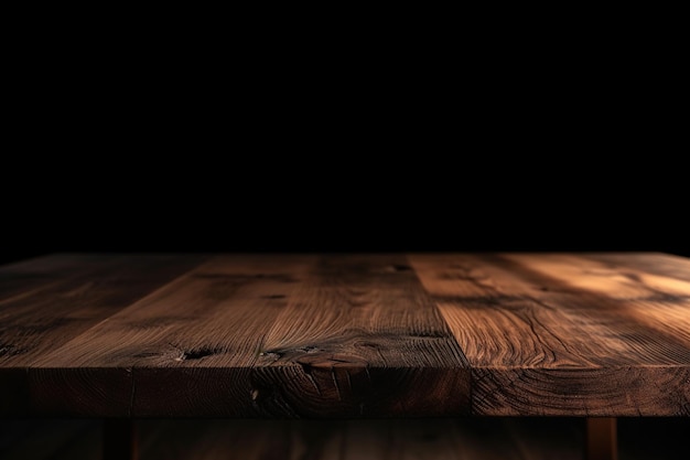 Wooden table with space for product placement on a dark background