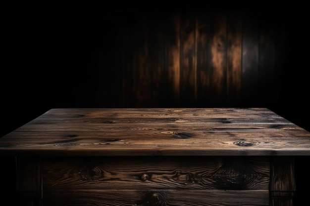 Wooden table with space for product placement on a dark background