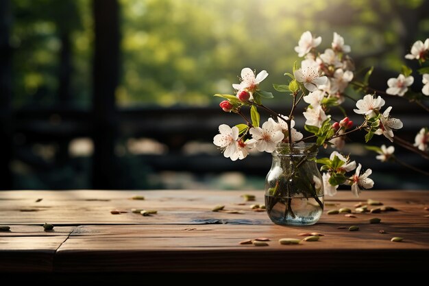 A wooden table with spring flowers and green grass AI generative