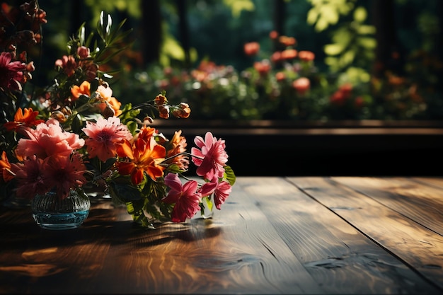 A wooden table with spring flowers and green grass AI generative