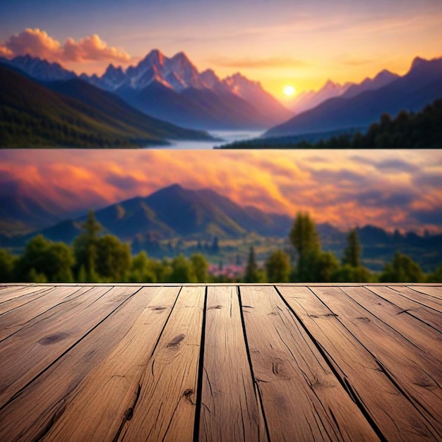 Photo a wooden table with a sunset and mountains in the background