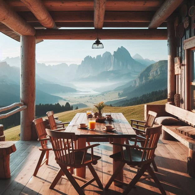 Photo a wooden table with a table and chairs and mountains in the background