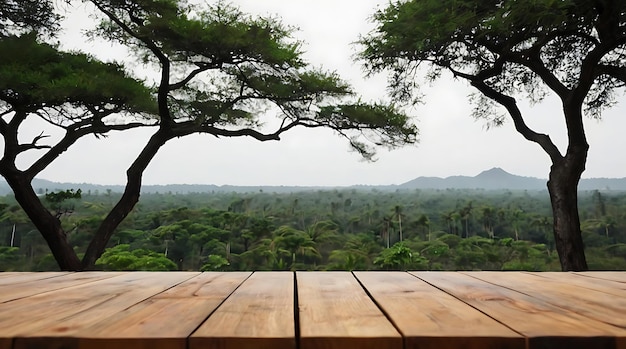 a wooden table with a table and some trees on it