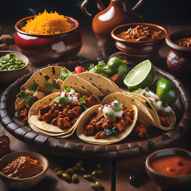 a wooden table with three tacos and a bottle of beer