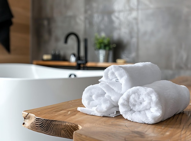 a wooden table with towels on it and a sink in the background