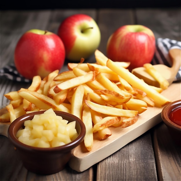 A wooden table with a tray of french fries and a bowl of ketchup and a bowl of ketchup.