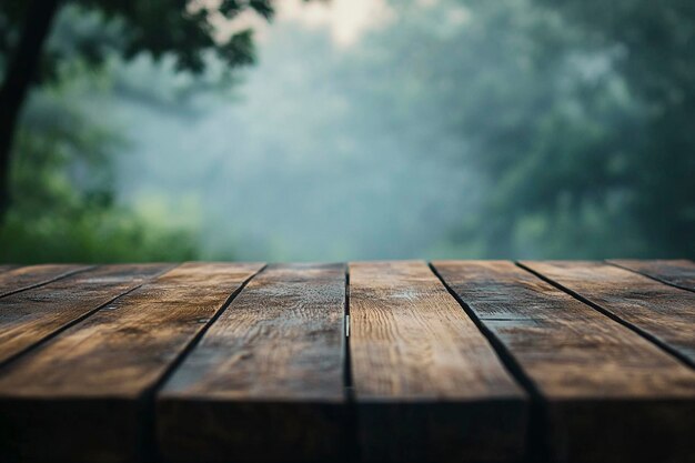 a wooden table with a tree in the background