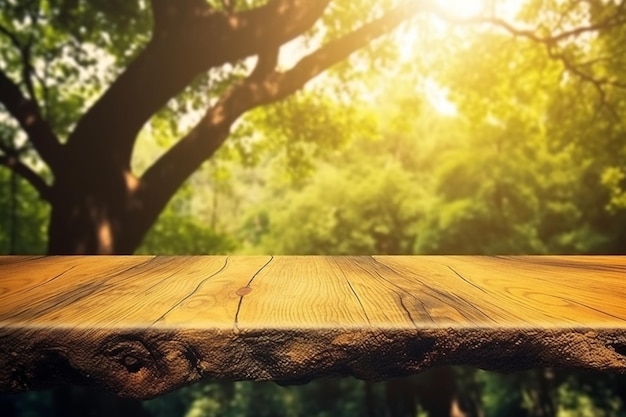 A wooden table with a tree in the background