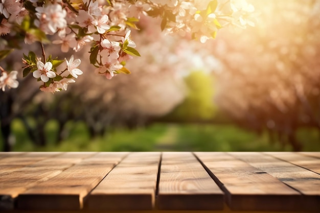 A wooden table with a tree in the background