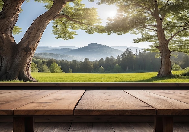 Wooden table with tree landscape in background