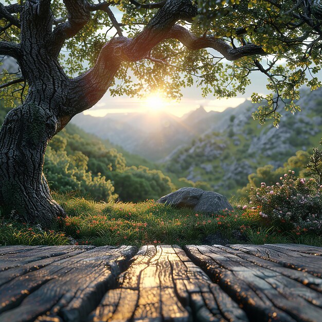 Wooden Table with Tree Landscape