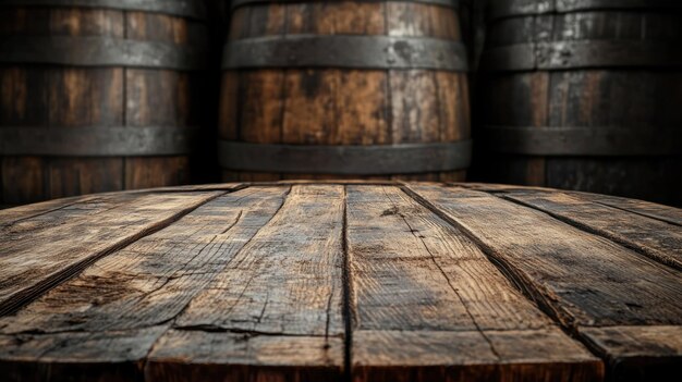 Photo a wooden table with two barrels behind it scene is rustic and simple