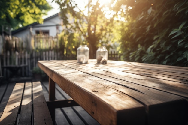 A wooden table with two jars on top of it generative AI